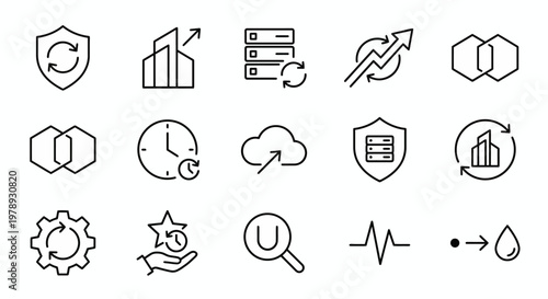 Maximum ultra-simplified cyber-resilience and disaster recovery web icons in line art style. Symbols of operational robustness, business continuity, and data backup systems. Clean black and white vect