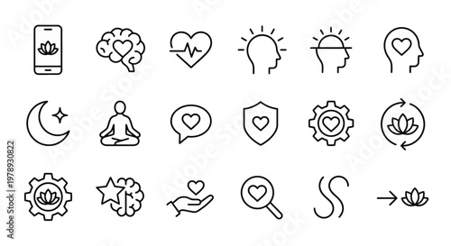 Maximum ultra-simplified mobile mental health and wellbeing web icons in line art style. Symbols of digital meditation, emotional tracking, and psychological wellness. Clean black and white vector ill