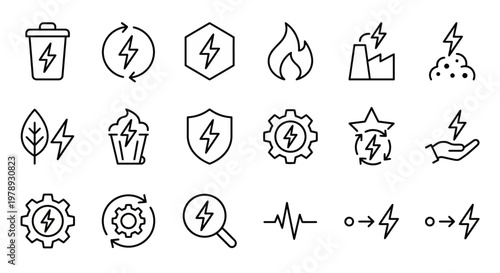 Maximum ultra-simplified waste-to-energy web icons in line art style. Symbols of energy recovery, biomass power, and sustainable waste-to-power processing. Clean black and white vector illustration wi