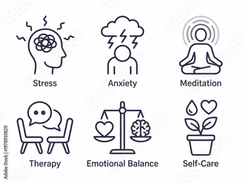 Comprehensive vector graphic illustration set of essential mental health and well-being concepts, perfect for psychology and self-care designs.