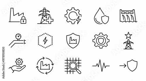 Maximum ultra-simplified cyber-physical security and critical infrastructure defense web icons in line art style. Symbols of industrial control systems protection, resilient energy grids, and water su