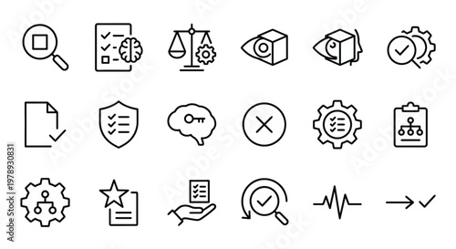 Maximum ultra-simplified algorithmic accountability and AI auditing web icons in line art style. Symbols of model transparency, ethical verification, and AI compliance. Clean black and white vector il