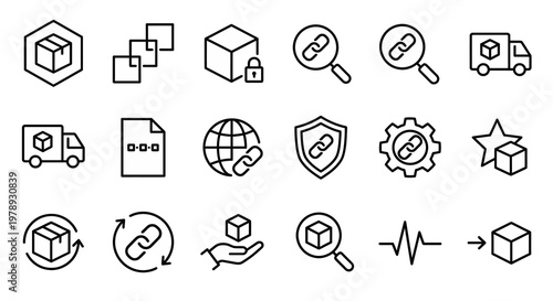 Maximum ultra-simplified blockchain supply chain web icons in line art style. Symbols of logistics traceability, decentralized ledgers, and transparent shipping. Clean black and white vector illustrat