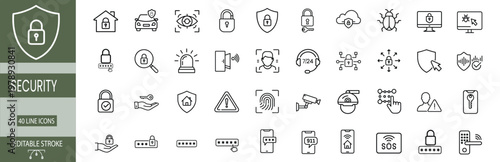 Cyber security and data protection web line icons set featuring retina scan, biometric fingerprint, CCTV surveillance, face recognition, shield lock, and more Vector Illustration with editable stroke.