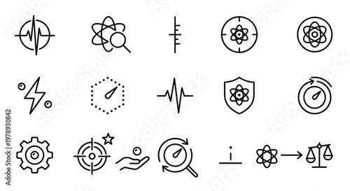 Maximum ultra-simplified quantum sensors and metrology web icons in line art style. Symbols of atomic precision, subatomic measurement, and high-tech sensing. Clean black and white vector illustration