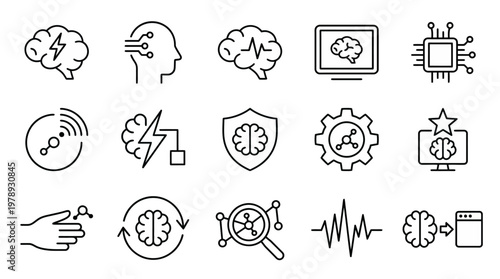 Maximum ultra-simplified neurotechnology and BCI web icons in line art style. Symbols of brain-computer interfaces, cognitive enhancement, and neural engineering. Clean black and white vector illustra