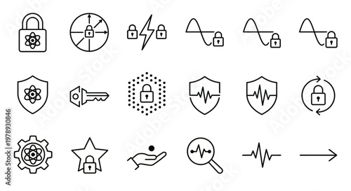 Maximum ultra-simplified quantum cryptography and secure communication web icons in line art style. Symbols of photon encryption, QKD technology, and advanced digital privacy. Clean black and white ve