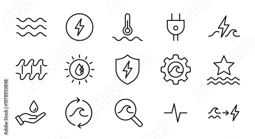 Maximum ultra-simplified ocean thermal energy and wave power web icons in line art style. Symbols of marine renewable resources, OTEC technology, and tidal energy extraction. Clean black and white vec
