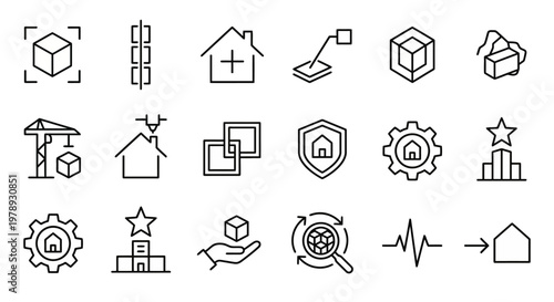 Maximum ultra-simplified modular construction and 3D printed building web icons in line art style. Symbols of prefabricated architecture, advanced construction techniques, and sustainable building tec