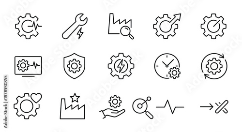 Maximum ultra-simplified predictive maintenance and smart factory web icons in line art style. Symbols of industrial AI, machine health diagnostics, and automated maintenance. Clean black and white ve