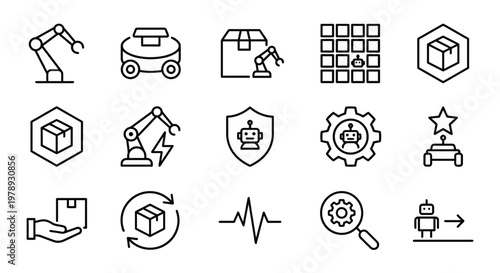 Maximum ultra-simplified autonomous robotics web icons in line art style. Symbols of warehouse automation, robotic fulfillment, and industrial logistics. Clean black and white vector illustration with
