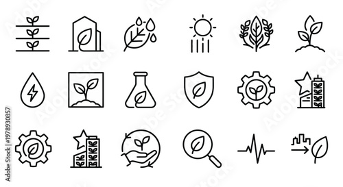 Maximum ultra-simplified vertical farming and urban agriculture web icons in line art style. Symbols of indoor cultivation, hydroponics, and sustainable food tech. Clean black and white vector illustr