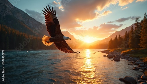 Bald eagle flies over wide river at sunset with mountains. Bird spreads wings above water, sun glows warm light. Wild nature landscape, forest trees on shore.