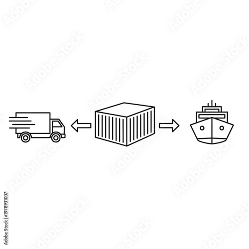 Logistics and transportation icons with truck, container, and ship.