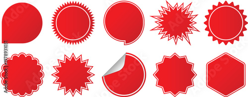Blank red starburst sunburst sticker set. Promotional sale stickers, empty price discount tags, quality marks, discount labels