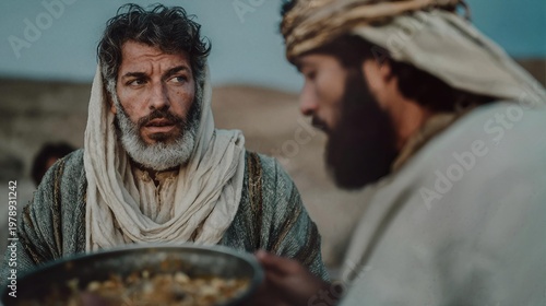 Jacob offering lentil stew to Esau in exchange for his birthright