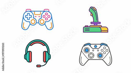 Colorful vector graphic icon set displaying modern gaming controllers and audio headsets designed for professional digital entertainment and software application
