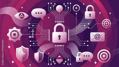 A vibrant conceptual illustration depicting digital security, featuring padlocks, icons, and circuit designs, emphasizing technology and data protection.