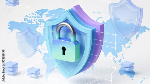 A visually appealing representation of digital security, showcasing a padlock within protective shields over a global map, symbolizing data protection and cybersecurity.