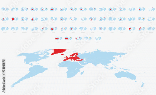 Globe Icons of European Countries arranged alphabetically and set against a world map with Europe highlighted in red.