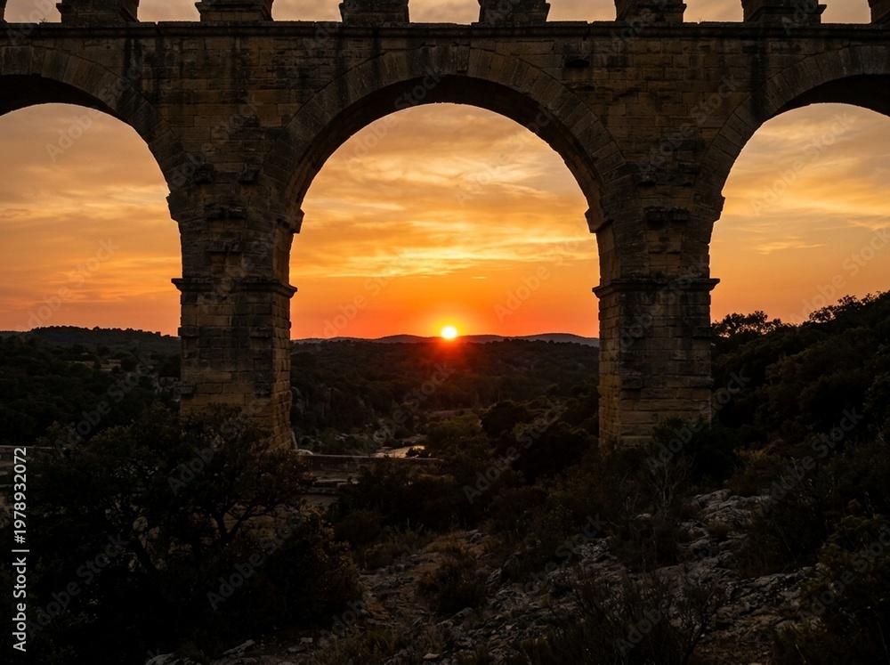 Fototapeta premium Sunset Through Arch of Ancient Roman Aqueduct in Southern France