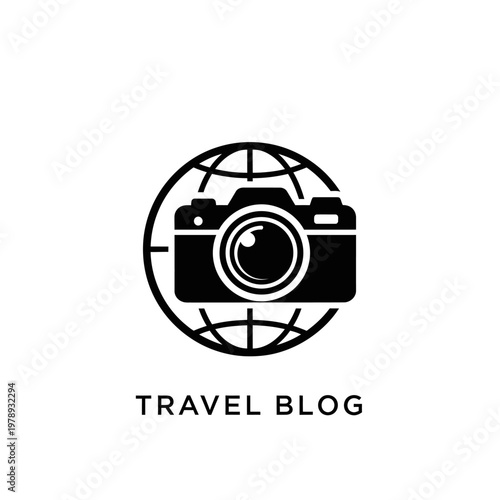 Travel blog logo with camera and globe.