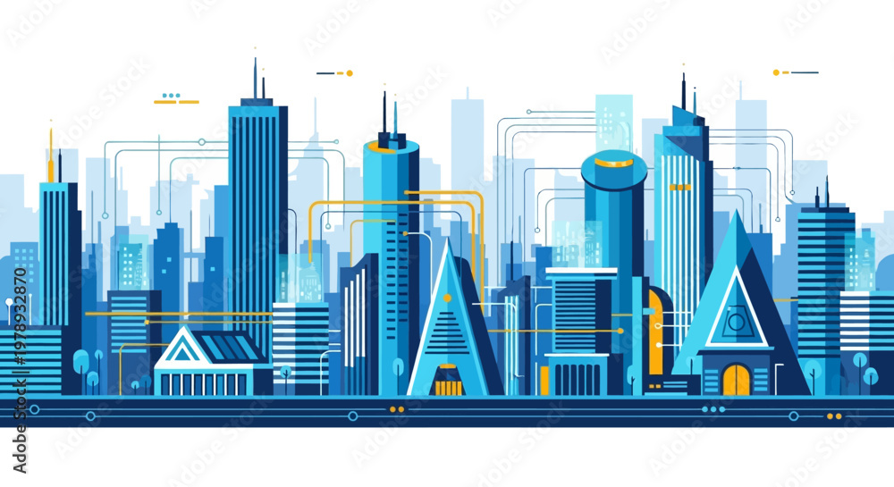 Fototapeta premium Vibrant and Connected Metropolitan Skyline Illustration Showcasing Modern Urban Infrastructure and Digital Network Integration for a Smart City Concept