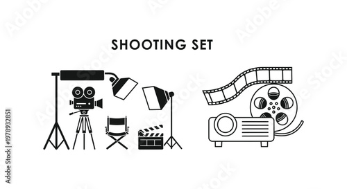Film production equipment set in a stark black silhouette