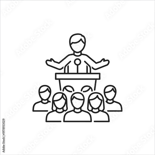 A line drawing of a speaker addressing an audience.