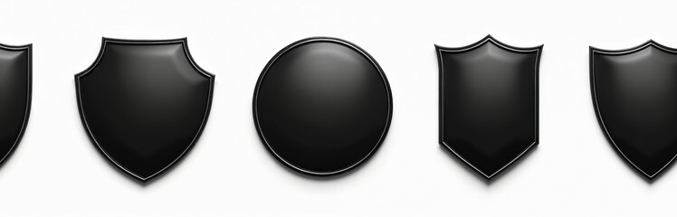 Row of blank black shield shapes and round emblem on white background. Empty crests with decorative outlines for custom logos or badges. Simple graphic design elements.