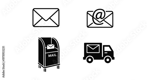 Black icons depicting mail delivery methods in a flat silhouette