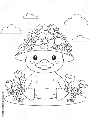 Cute ducklinng with flower hat coloring page for kids
