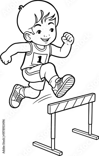 Children run and jump over obstacles line vector illustration isolated on white background