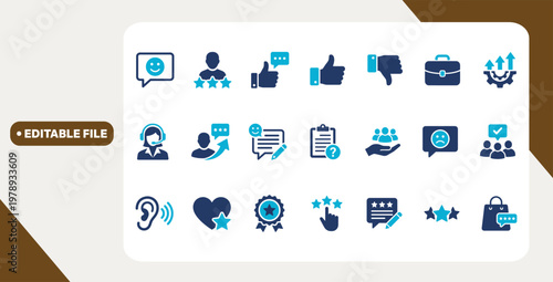 Review solid icon set. Containing satisfaction, feedback, rating, testimonial, comment, opinion, like, customer, and recommend vector icons collection.