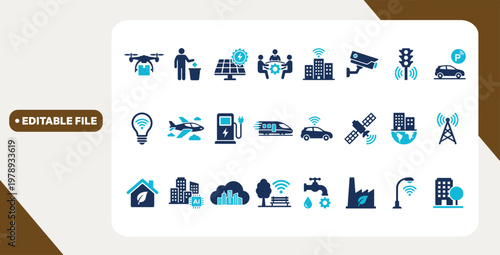 Smart city icons. IoT technology infrastructure urban planning symbols. Sustainable energy automation digital network vector graphics. Solid iconn collection.