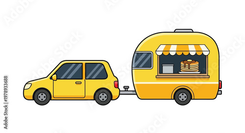 A bright yellow car pulls a matching camper trailer transformed into a pancake food stand