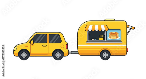 A cheerful yellow car towing a food trailer displaying a stack of golden pancakes