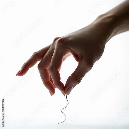 Woman hand picks up tiny gold wire. Gentle finger touches thin metallic thread. Female gestures carefully holding small object. Choice concept, precision, delicate.
