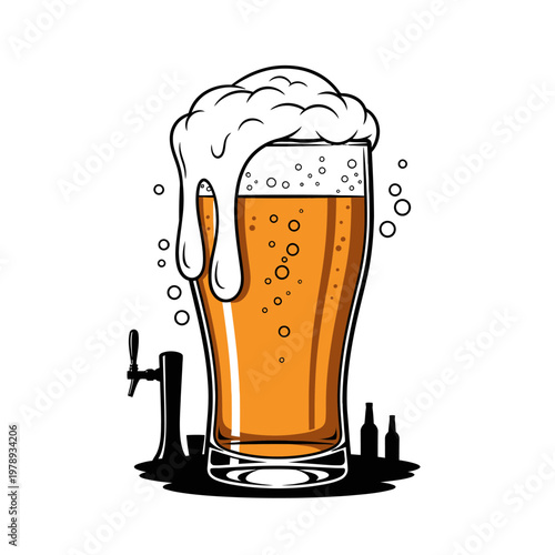 A glass of beer with foam.