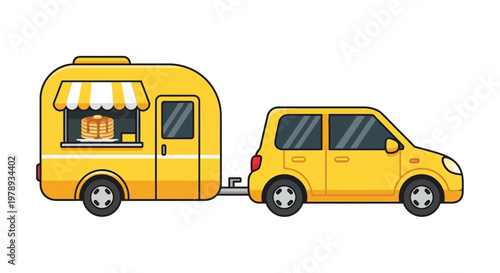 A cheerful yellow car cheerfully pulls a matching food trailer displaying a stack of pancakes