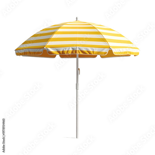 Bright yellow and white striped beach umbrella with a sturdy white pole offering essential shade for summer relaxation and sunny outdoor adventures 