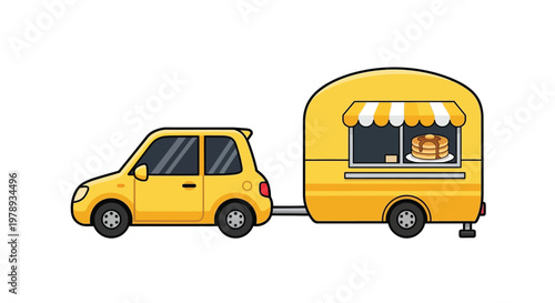 A vibrant yellow car cheerfully pulls a matching food trailer displaying a delicious stack of pancakes