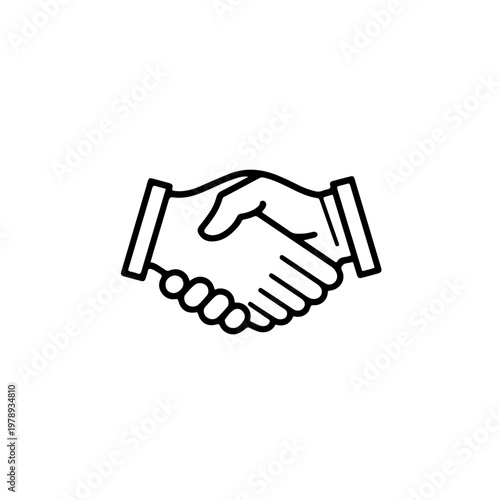 A line vector illustration of two hands shaking in agreement, minimalist, thick black lines, transparent background style
