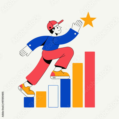 Stylized business person climbing a rising bar chart to reach a golden star, corporate success concept in flat design