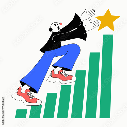 Stylized business person climbing a rising bar chart to reach a golden star, corporate success concept in flat design