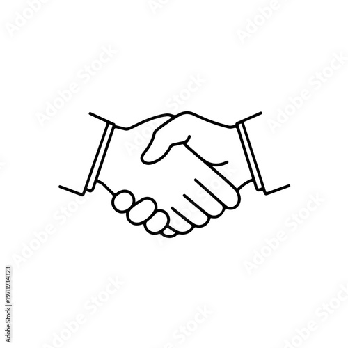 A line vector illustration of two hands shaking in agreement, minimalist, thick black lines, transparent background style