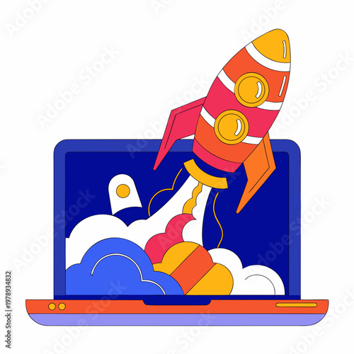 Futuristic rocket launching from an open laptop, symbolizing start up growth and success, clean geometric lines, isolated on a white background.