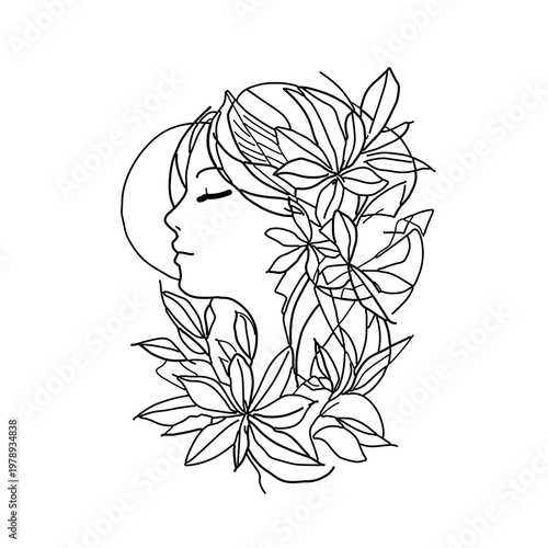 Minimalist continuous one-line drawing of a woman's profile with elaborate abstract floral and botanical elements, black and white vector art, tattooable art, tattoo art