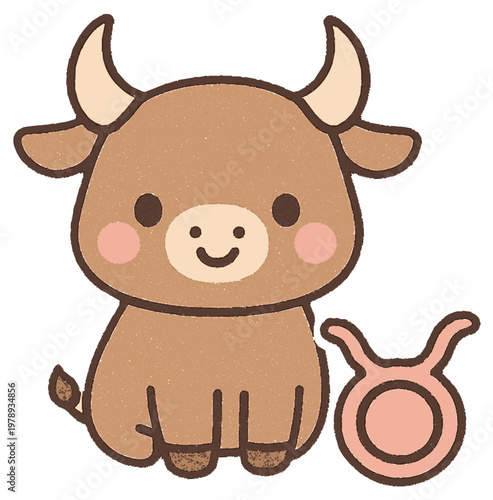 Cute kawaii flat vector illustration of a taurus zodiac sign, simple clean lines, pastel colors, isolated