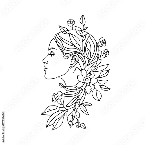 Minimalist continuous one-line drawing of a woman's profile with elaborate abstract floral and botanical elements, black and white vector art, tattooable art, tattoo art